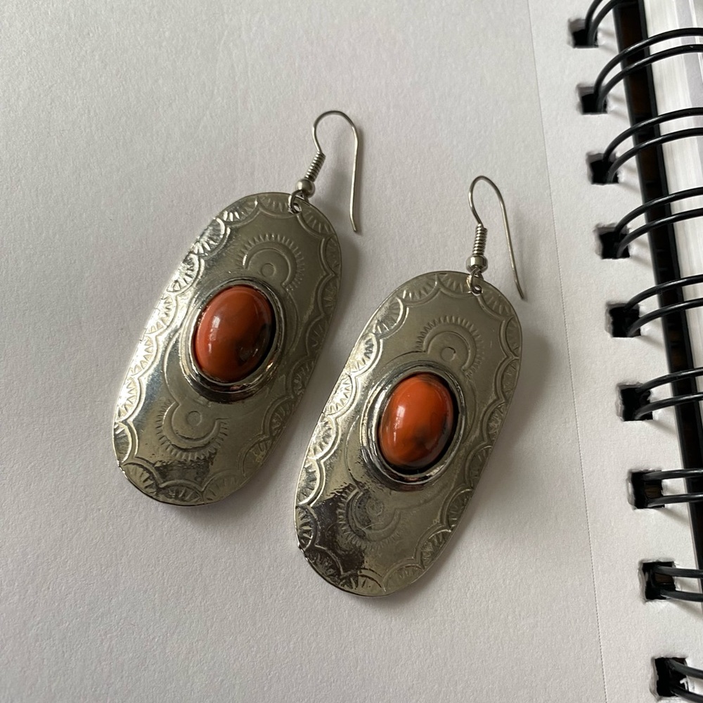 Vintage silver earrings 1 3/4 drop natural color stone